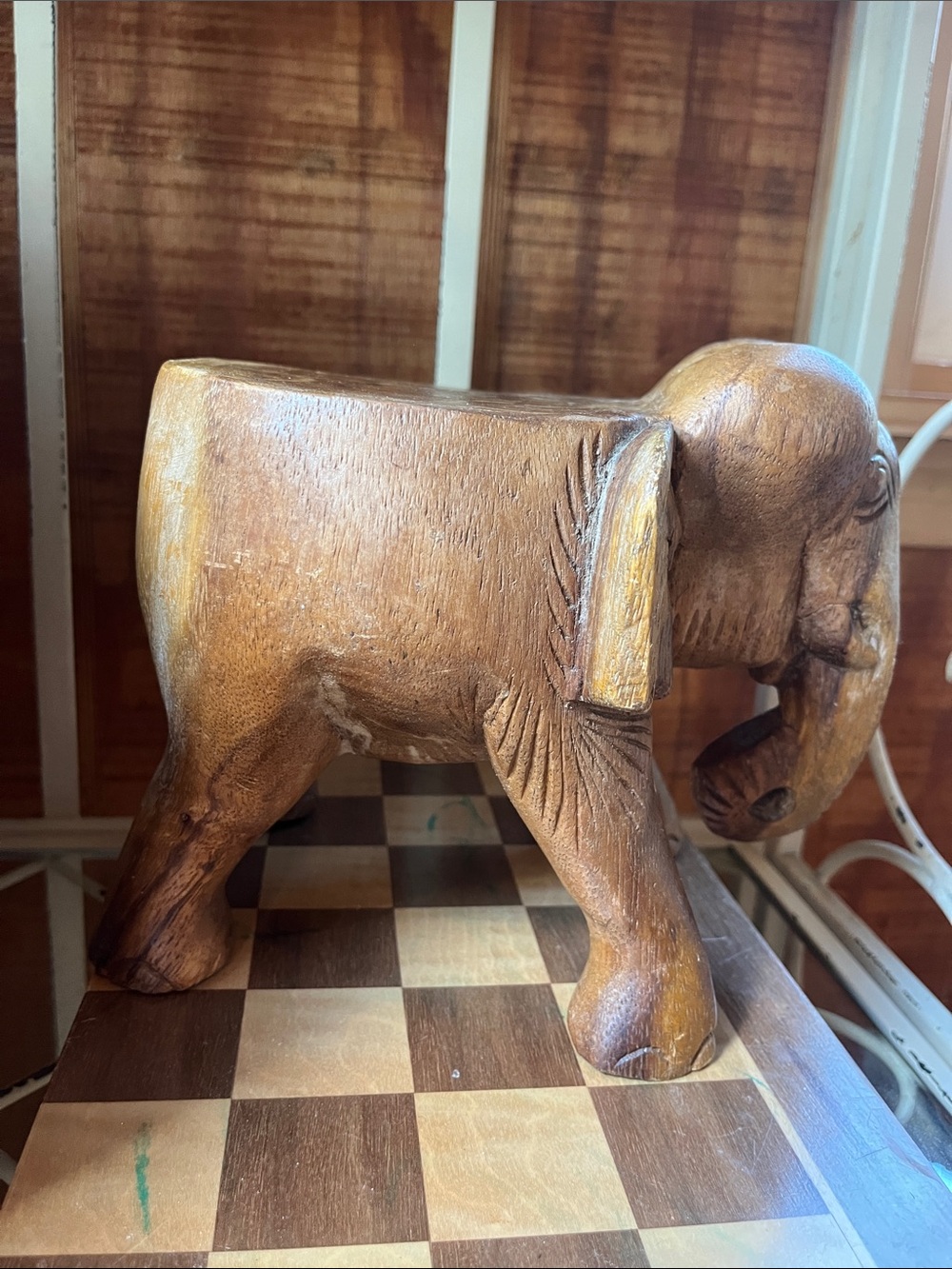 Hand-Carved Wooden Elephant Sculpture - candle holder or plant holder - vintage